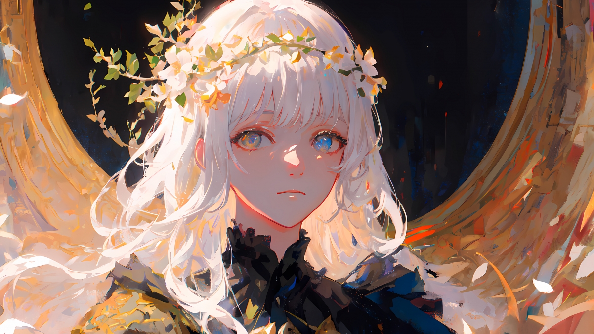 蓝眼白发动漫少女，花环点缀，绝美4K壁纸，3840x2160超清下载