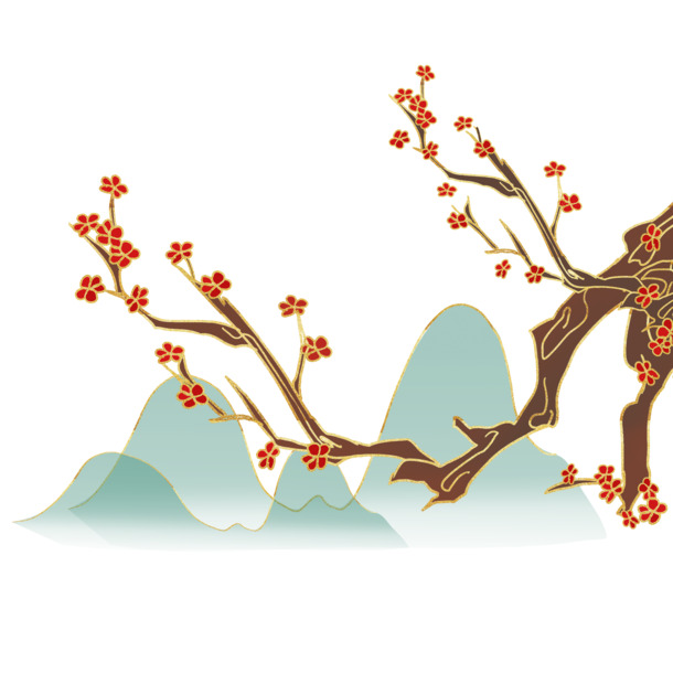 国潮梅花山水PNG透明免抠素材，PSD设计资源下载