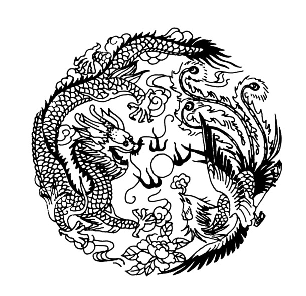 黑色龙凤纹样PNG透明装饰花纹，高清图片素材下载
