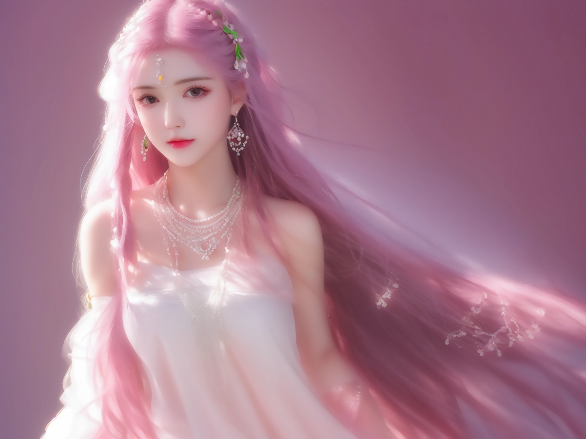 公主粉色长发美女，穿白色裙子动漫造型，高清平板壁纸2732x2048下载