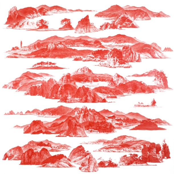 中国风装饰元素，高清PNG透明红色国画山河图片，设计素材免费下载