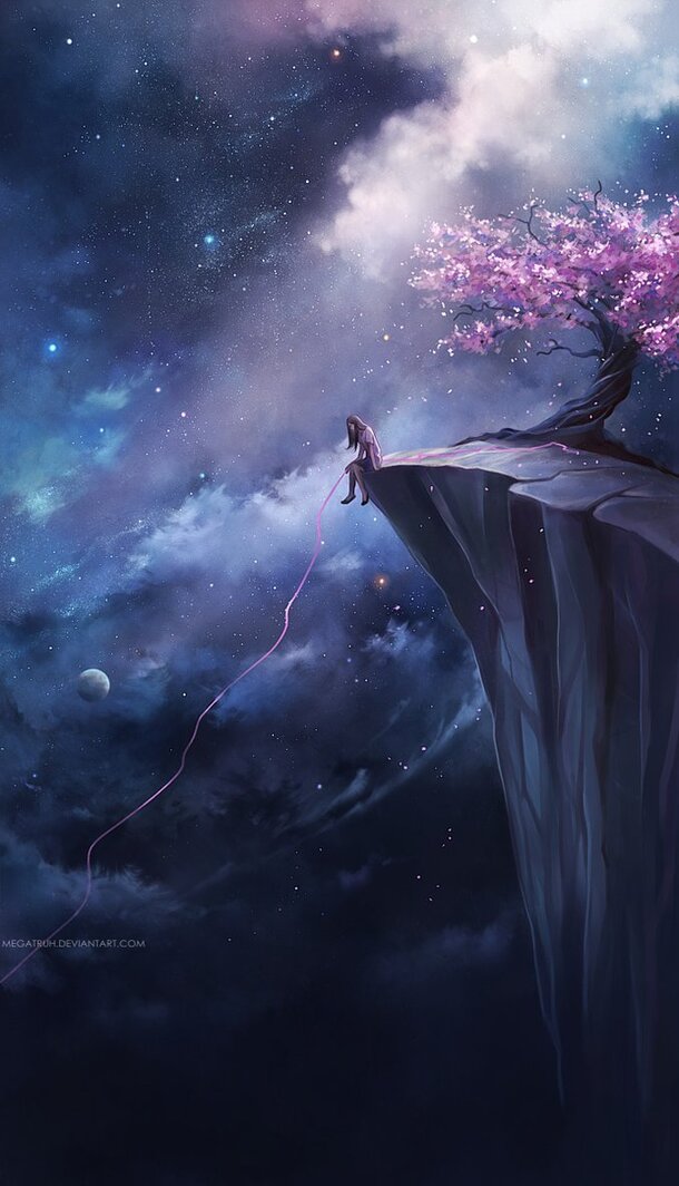 粉色花树女孩动漫背景，高清PNG透明夜空星云图片素材下载