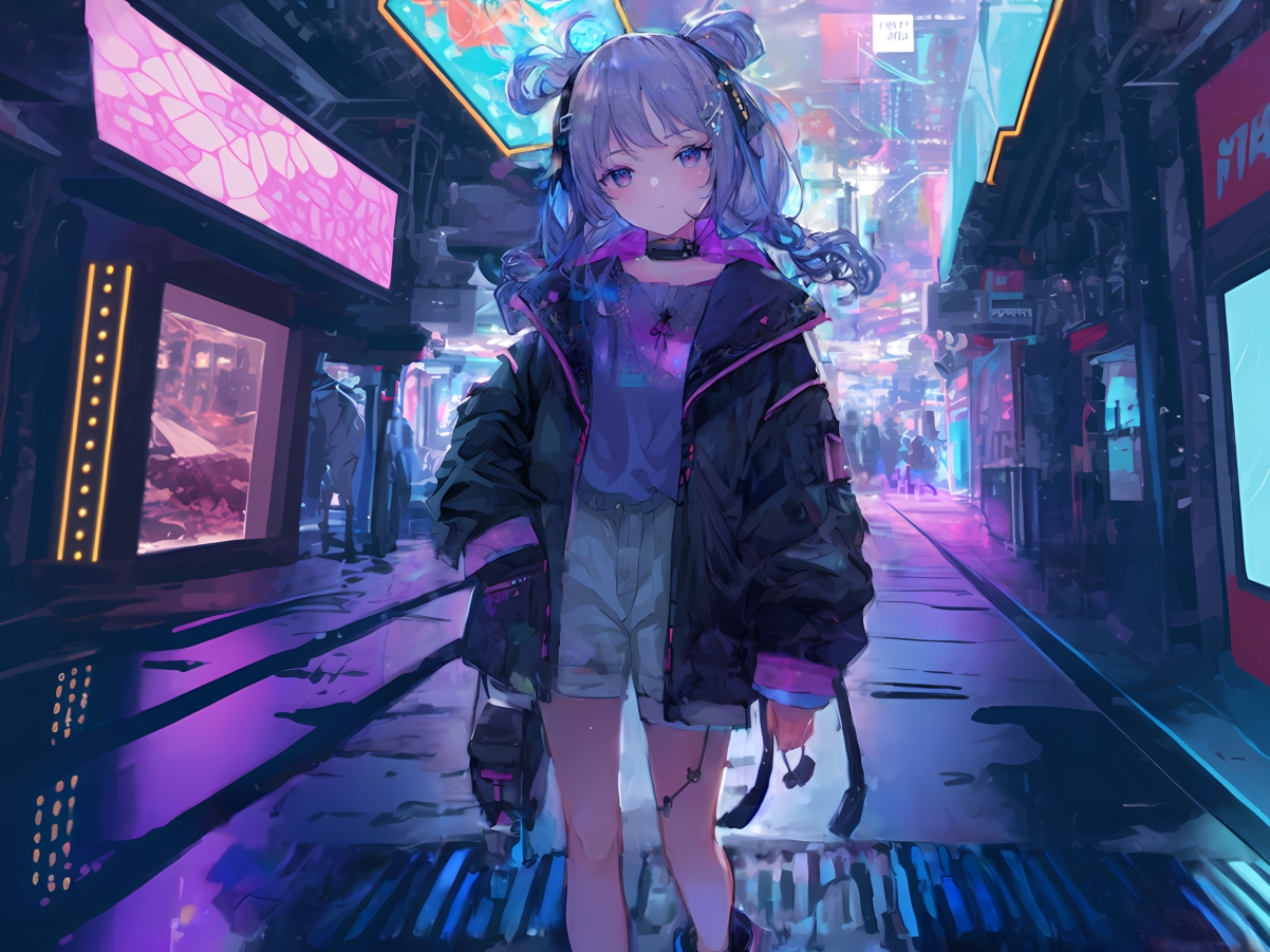 女孩魅影，赛博朋克风格街景，可爱平板壁纸高清下载（2732x2048）