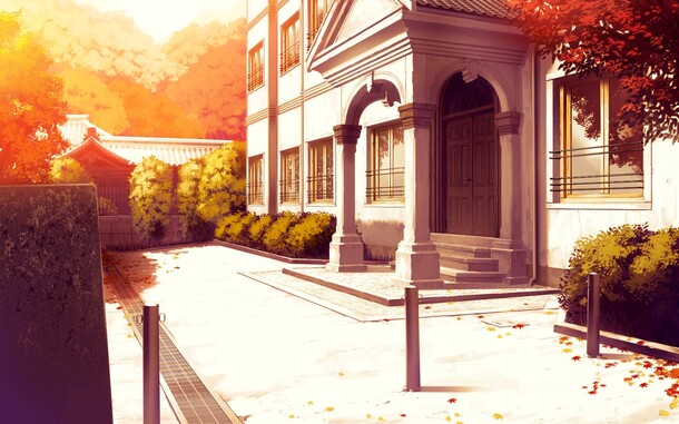 唯美夕阳动漫插画PNG背景素材，建筑、风景高清透明图片下载