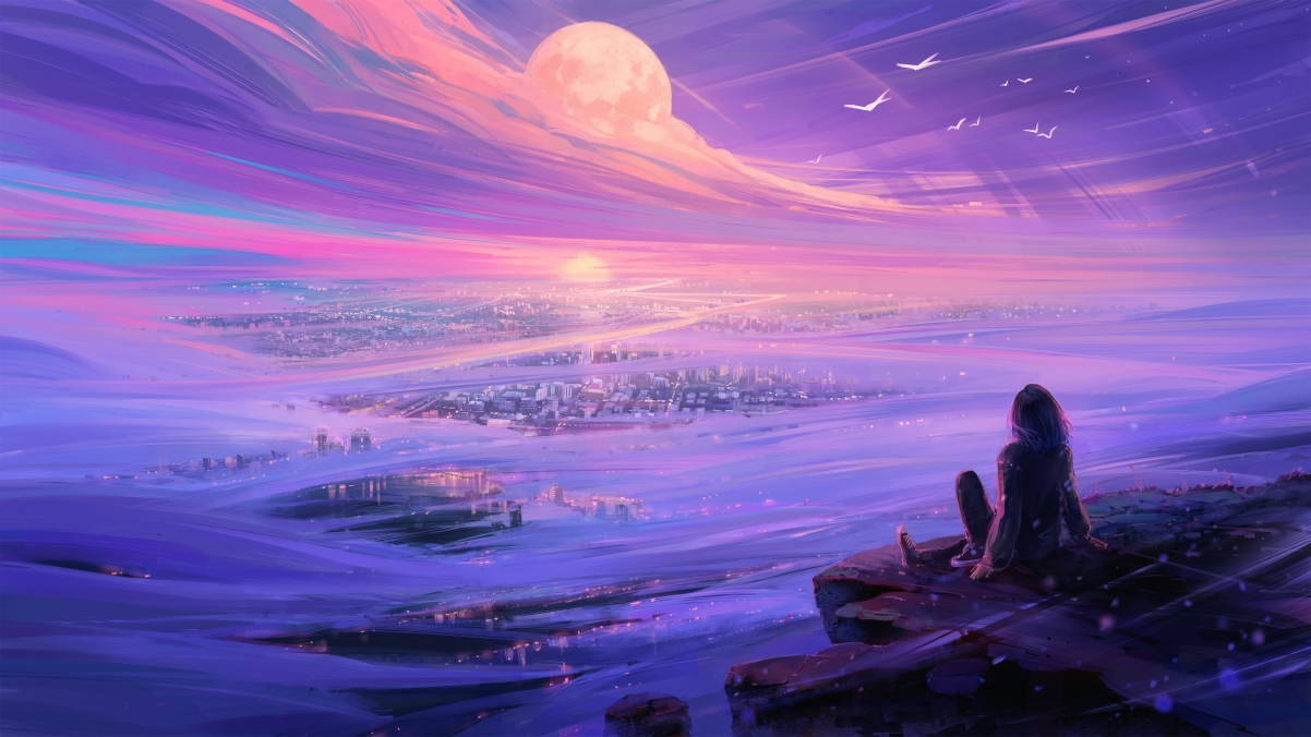 唯美城市夜景，女孩绘画意境，云月相伴，4K高清动漫壁纸下载