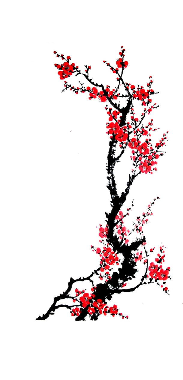 水墨红梅PNG透明图，高清装饰元素，笔触墨迹设计素材下载