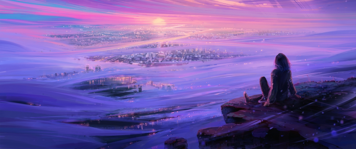 城市夜韵，女孩背影唯美意境，4K高清动漫壁纸3440x1440带鱼屏版