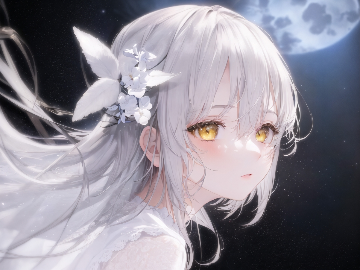 梦幻白发长发动漫女孩，黄眸白花，夜空下的绝美壁纸，5K高清下载