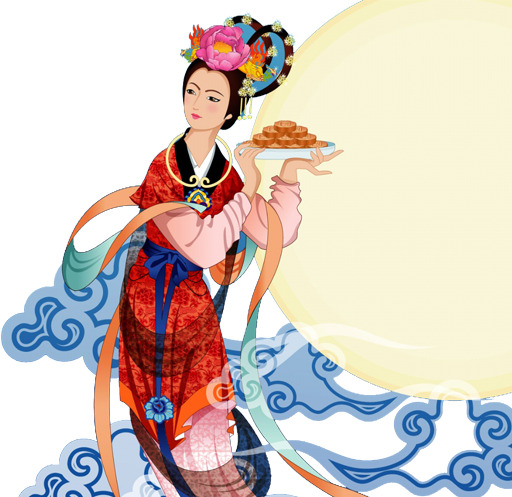 古典美女托月饼，祥云缭绕，中秋节PNG透明图片素材，高清下载