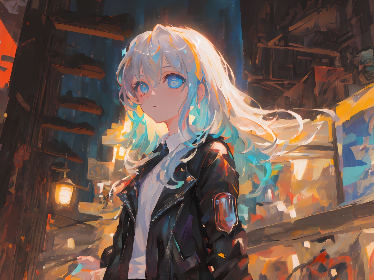 长发蓝眸动漫少女，黑外套装扮，高清平板壁纸2732x2048下载