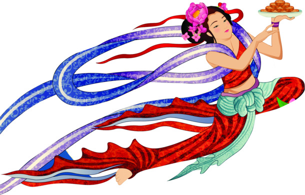 中秋节蓝丝带美女手绘PNG，高清透明节日图片设计素材下载