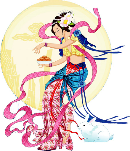 中秋佳节，月亮月饼仙女国画PNG透明图片，节日元素设计素材下载
