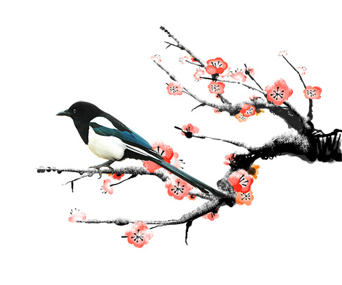 情人节专属，水墨花鸟PNG透明高清图，节日元素设计素材下载