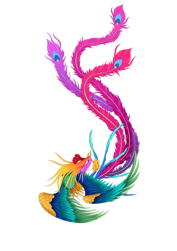 中国风七彩凤凰插画，高清PNG透明图片，PSD设计素材免费下载