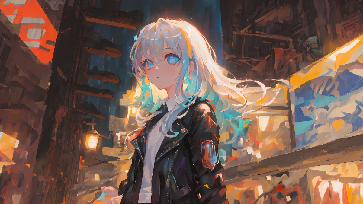 AI动漫长发少女，蓝色眼眸配黑色外套，独特艺术风4K超清壁纸下载
