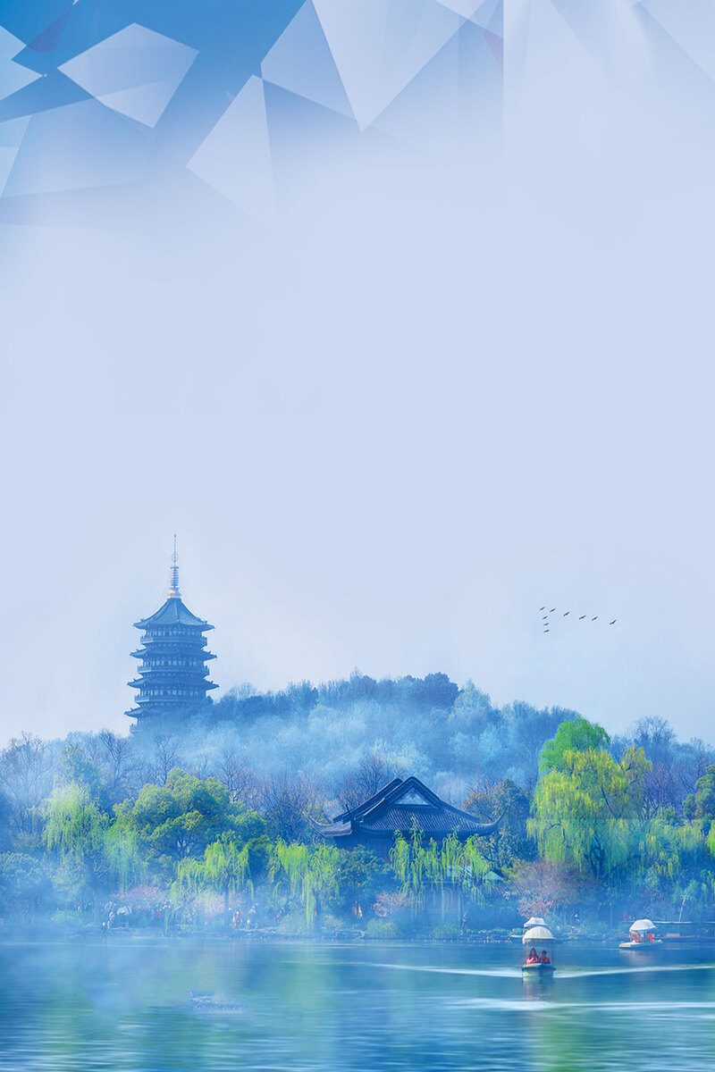 蓝色中国风西湖背景图片，杭州旅游复古JPG素材下载