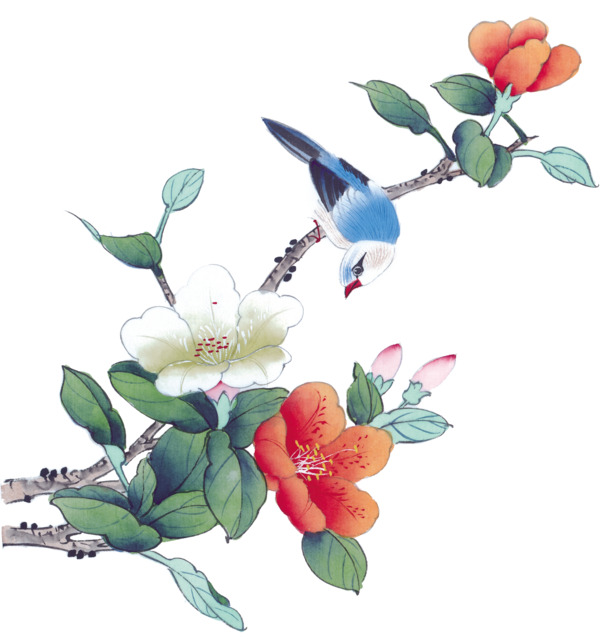 水墨画眉与鲜花PNG透明图，装饰元素与图案设计素材下载