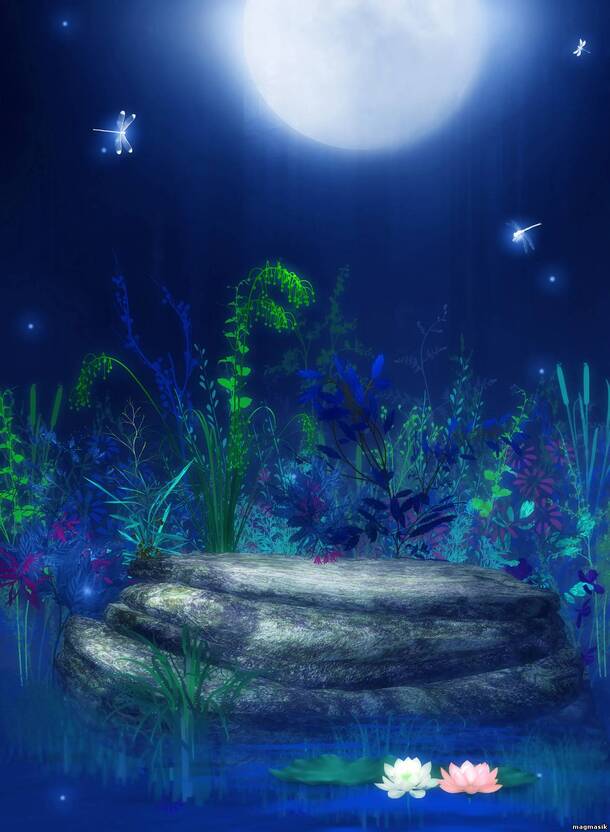 梦幻月下荧光蜻蜓，草丛背景高清PNG，透明元素，卡通手绘素材下载
