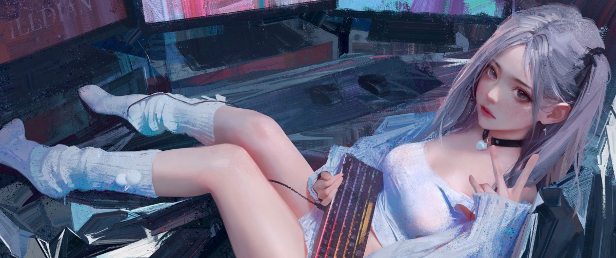 美女键盘插图，3440x1440带鱼屏高清壁纸，动漫美女厚涂风格，4K画质下载