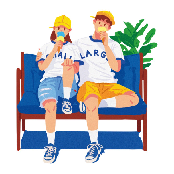 情侣共享冰淇淋，清新手绘插画恋爱素材，高清PNG透明图，卡通元素丰富，免费下载