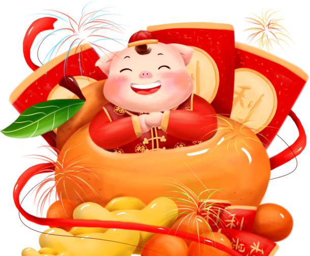 金猪聚宝盆PNG素材，红包元宝高清透明，元旦春节元宵节日元素下载