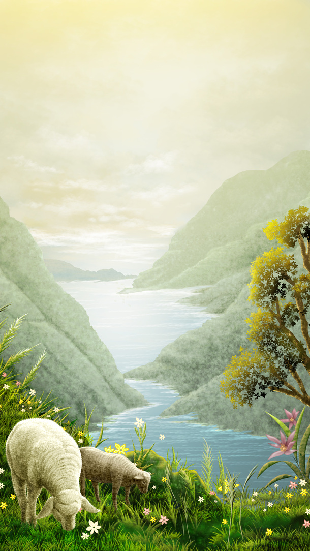 山川河流动物油画PNG透明背景素材，高清底纹设计免费下载