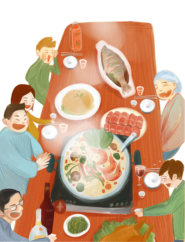 团圆年夜饭PNG透明图，元旦春节元宵节日元素，高清素材下载