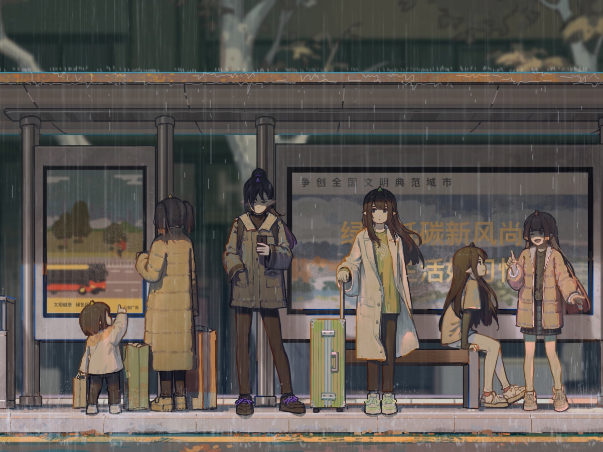 公交车站台的雨天动漫女孩，高清平板壁纸2732x2048免费下载