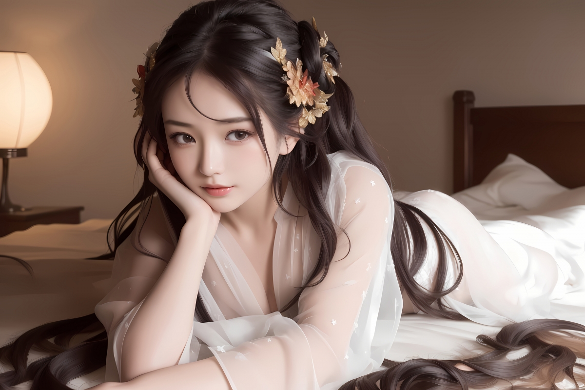 古风美女AI绘画，头饰花朵点缀，白色裙摆飘逸，4K高清动漫壁纸下载（4000x2667）