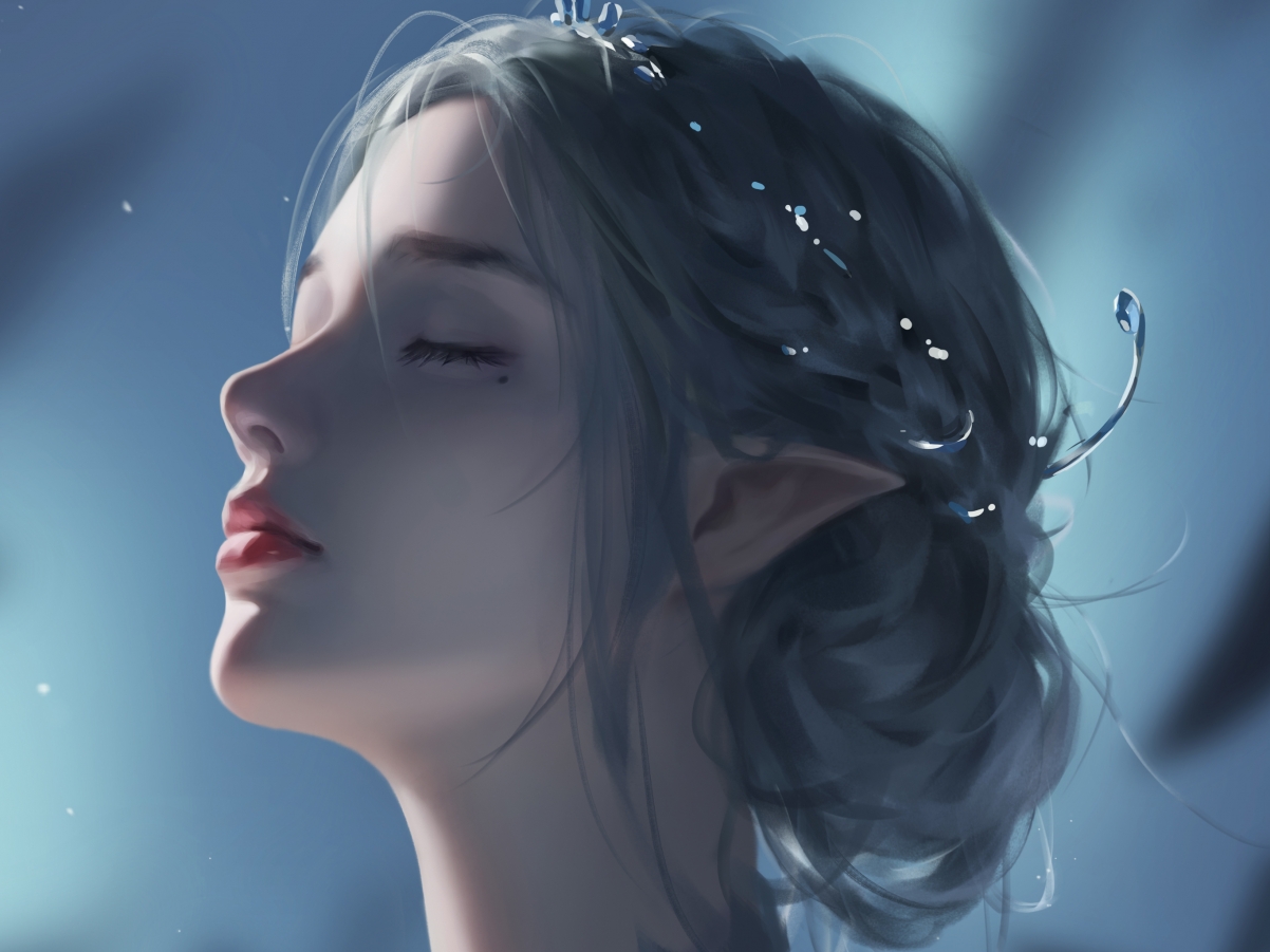 动漫女神闭眼倩影，尖耳魅力，平板高清壁纸2732x2048精美下载