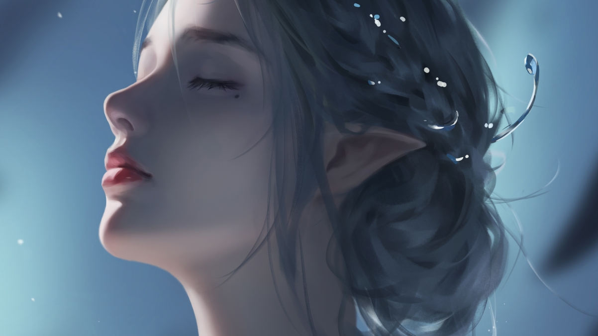 4K高清壁纸，动漫女孩闭眼尖耳，厚涂精致脸庞，3840x2160精美下载