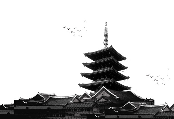 中式建筑PNG透明图，高清装饰元素，含墨迹笔触，设计素材下载