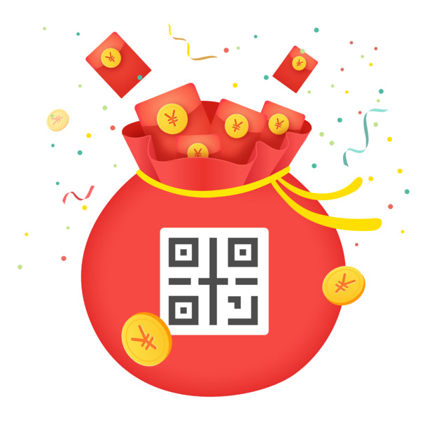 卡通二维码福袋PNG素材，高清透明免抠图，元素标签设计下载