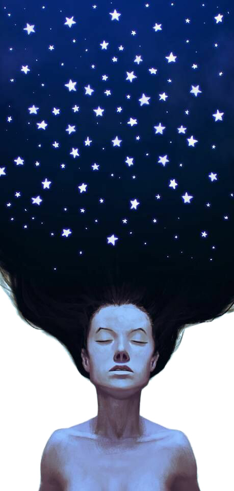 唯美深蓝星空插画，透明PNG头发背景图片素材下载