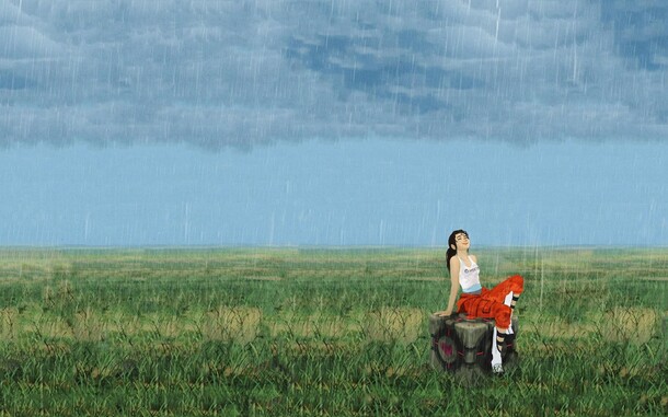 卡通手绘美女草地背景，高清PNG透明素材，免费下载