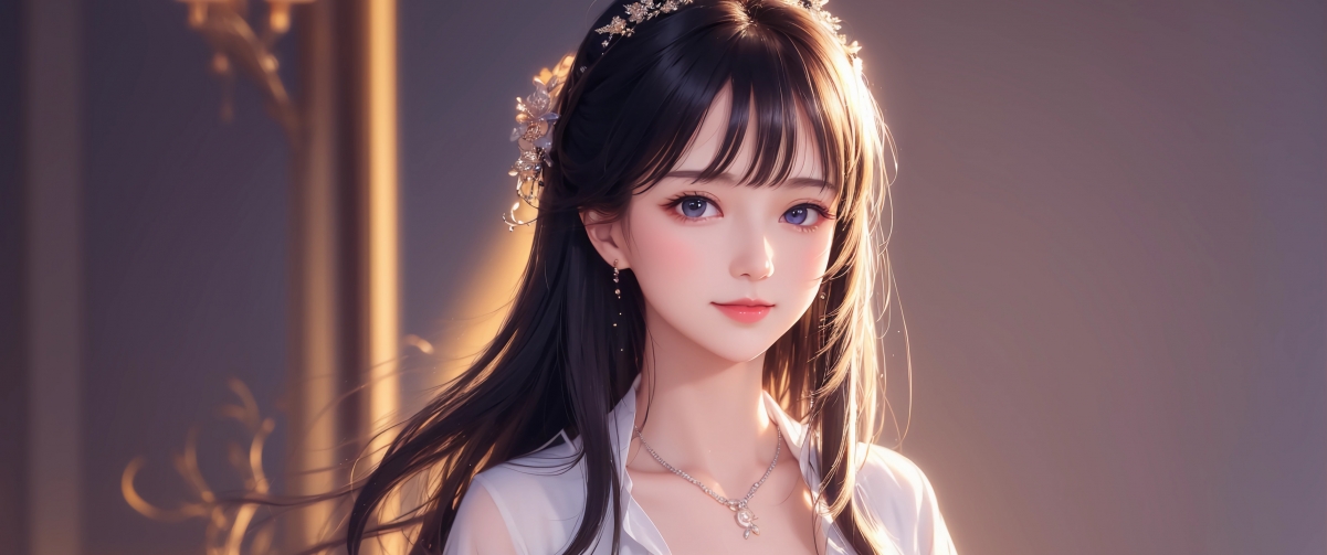 绝美AI动漫长发女神，白衣飘飘，超清4K带鱼屏壁纸，3440x1440高清下载