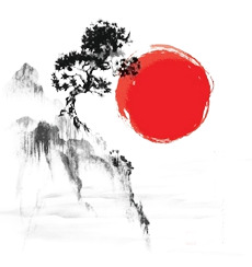 落日PNG透明图，墨迹笔触装饰素材，高清下载