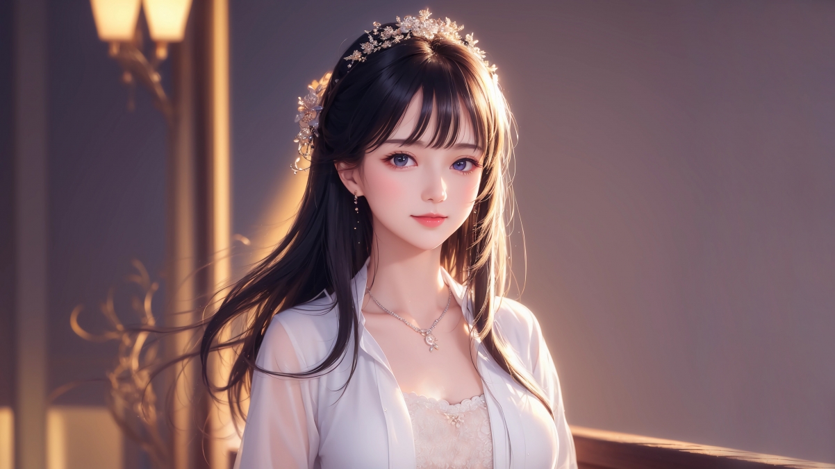 绝美AI绘制动漫长发女神，精致头饰，白衣如画，4K高清壁纸下载