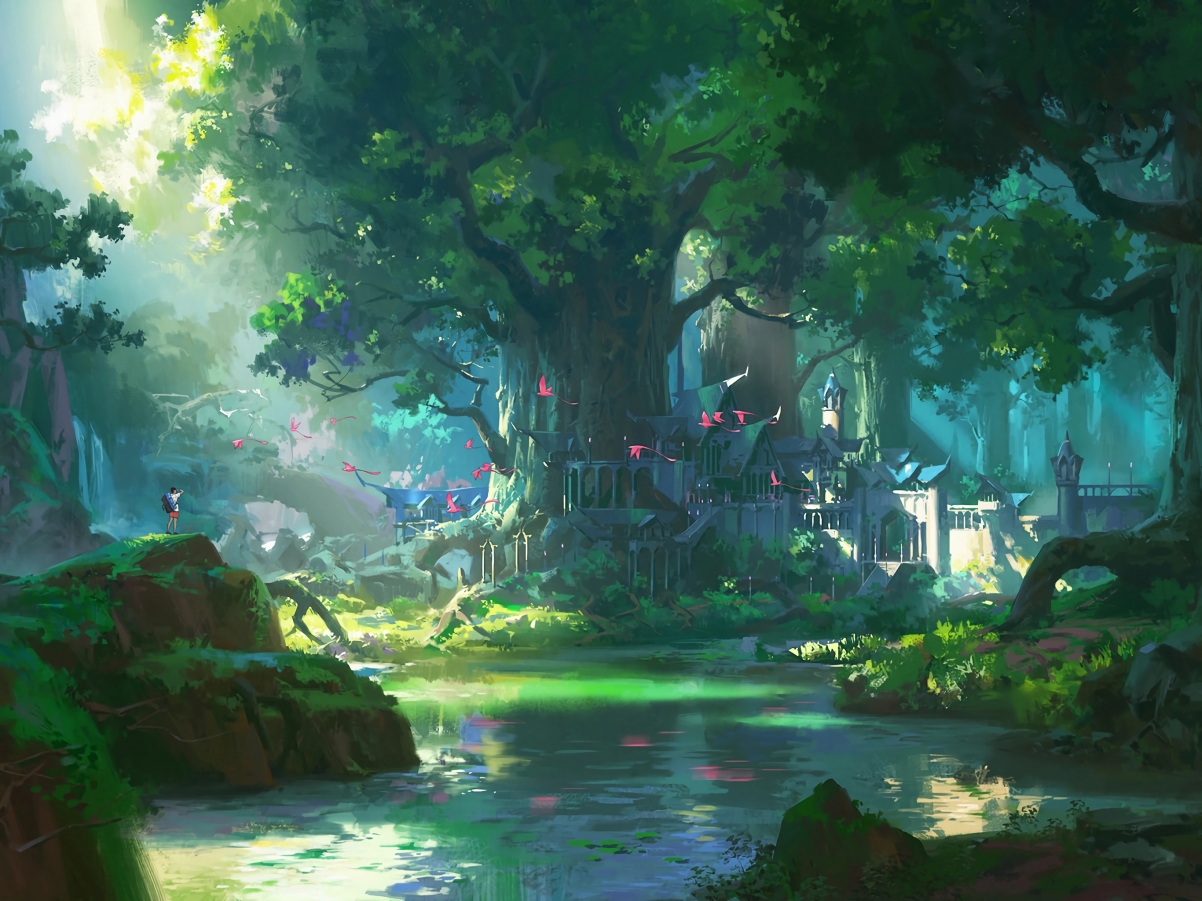 唯美森林瀑布城堡动漫风景平板电脑壁纸，高清2732x2048大图下载