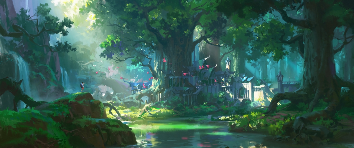森林城堡瀑布动漫风光，带鱼屏4K高清壁纸3440x1440免费下载