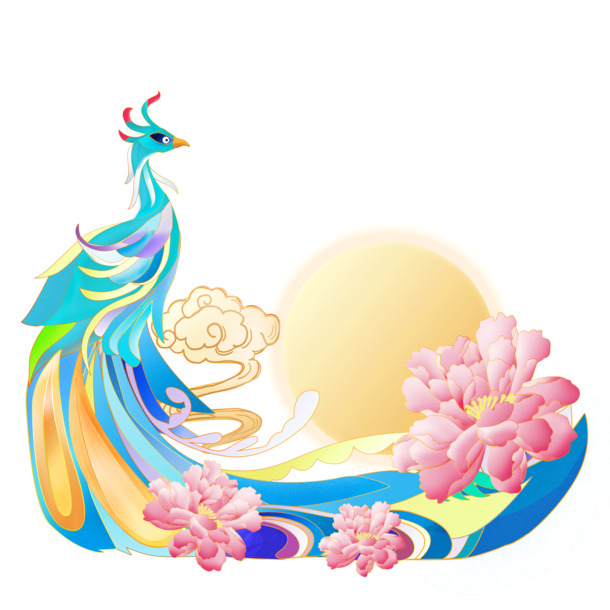国潮五彩凤凰PNG透明图，中国风装饰元素PSD素材下载