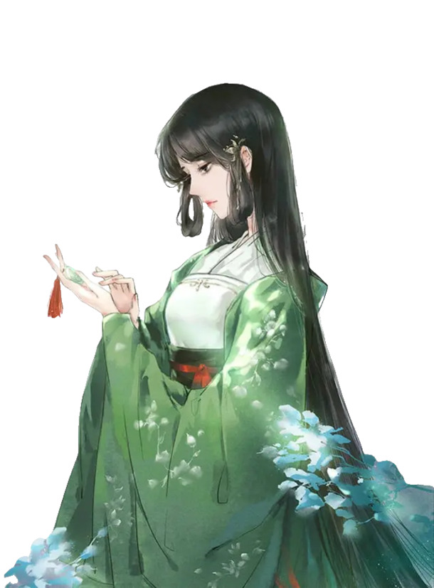 绿衣古装美女手绘PNG透明图片，高清卡通元素，设计素材下载