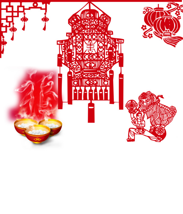 中国风节日元素PNG透明图，灯笼舞狮剪纸，元旦春节元宵PSD素材下载