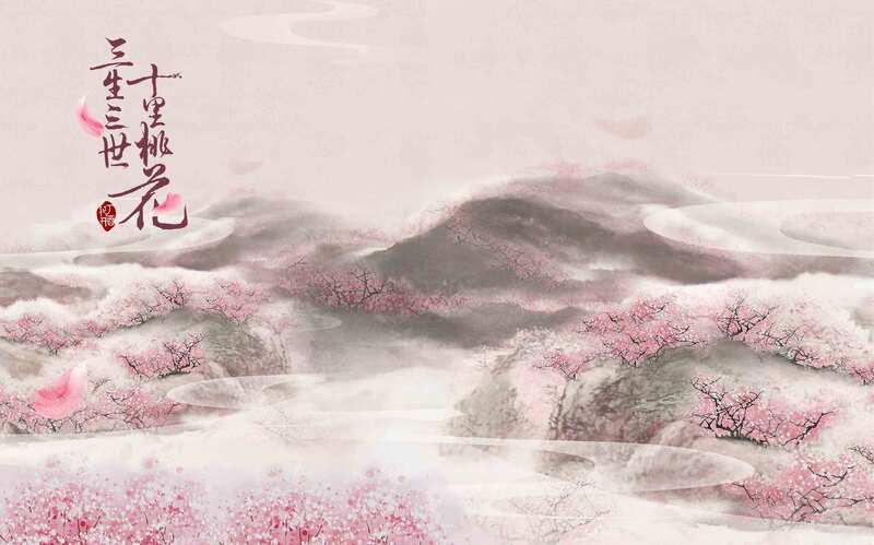 唯美水墨桃花护肤品海报背景，复古中国风PSD+JPG高清素材下载