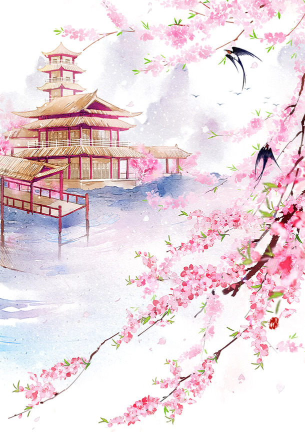 古风桃花PNG透明图，高清装饰元素，笔触墨韵，设计素材下载