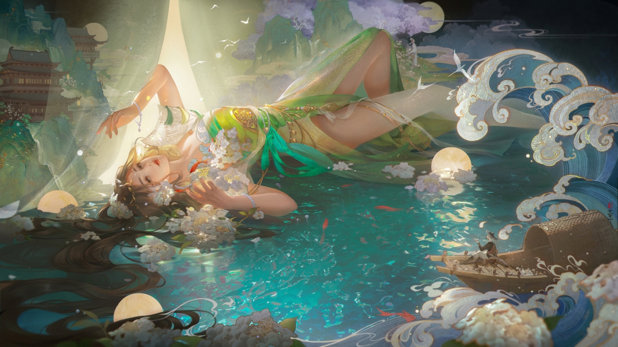 古风美女绘画，水池鱼影唯美画面，高清4K动漫壁纸3840x2160免费下载