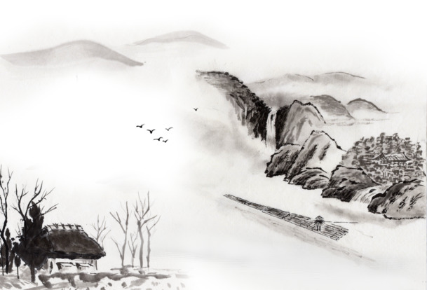 水墨山水古镇PNG透明图，中国风装饰元素，高清下载