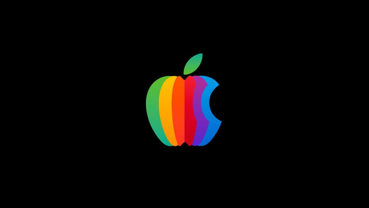 苹果Apple彩色Logo高清壁纸，黑色背景，6K分辨率，6016x3384尺寸，免费下载