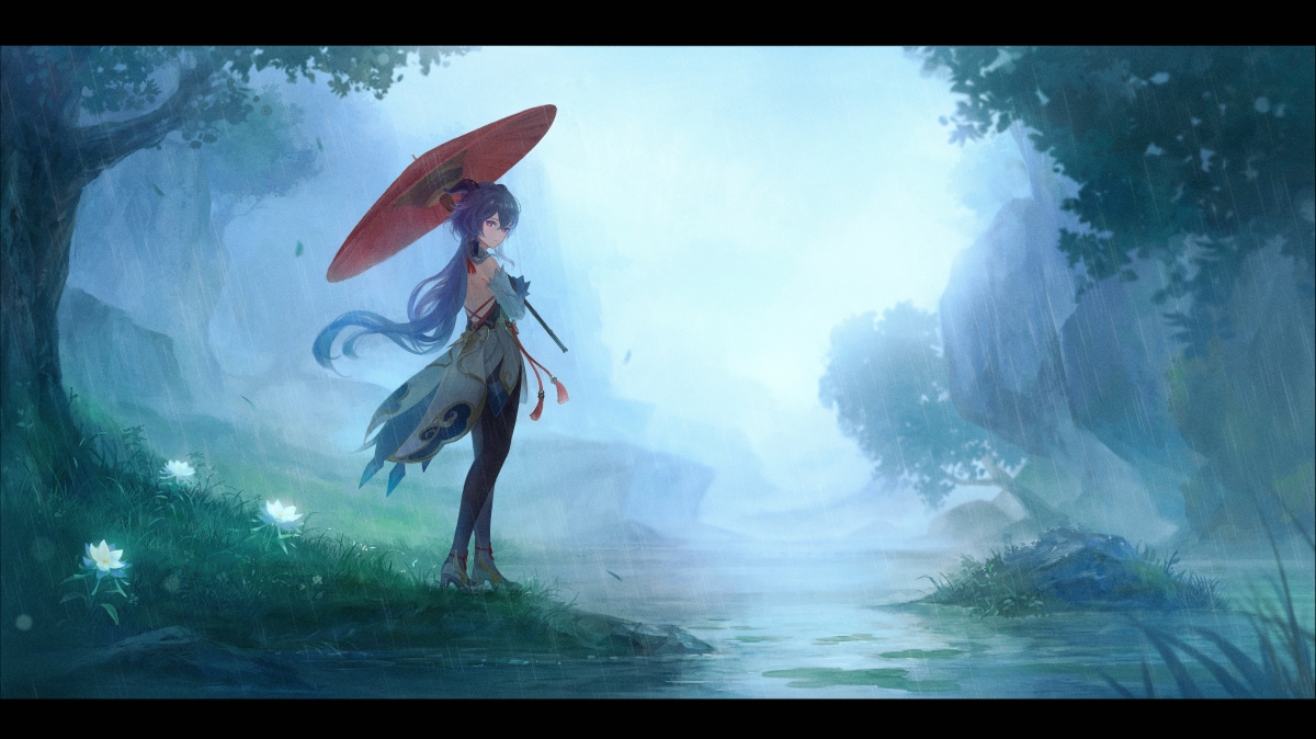 雨润密林，刻晴撑伞，绝美原神4K动漫壁纸，高清大图下载
