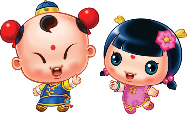 金童玉女拜年图，中国风蓝粉高清PNG透明春节元素，免费下载迎元旦元宵佳节